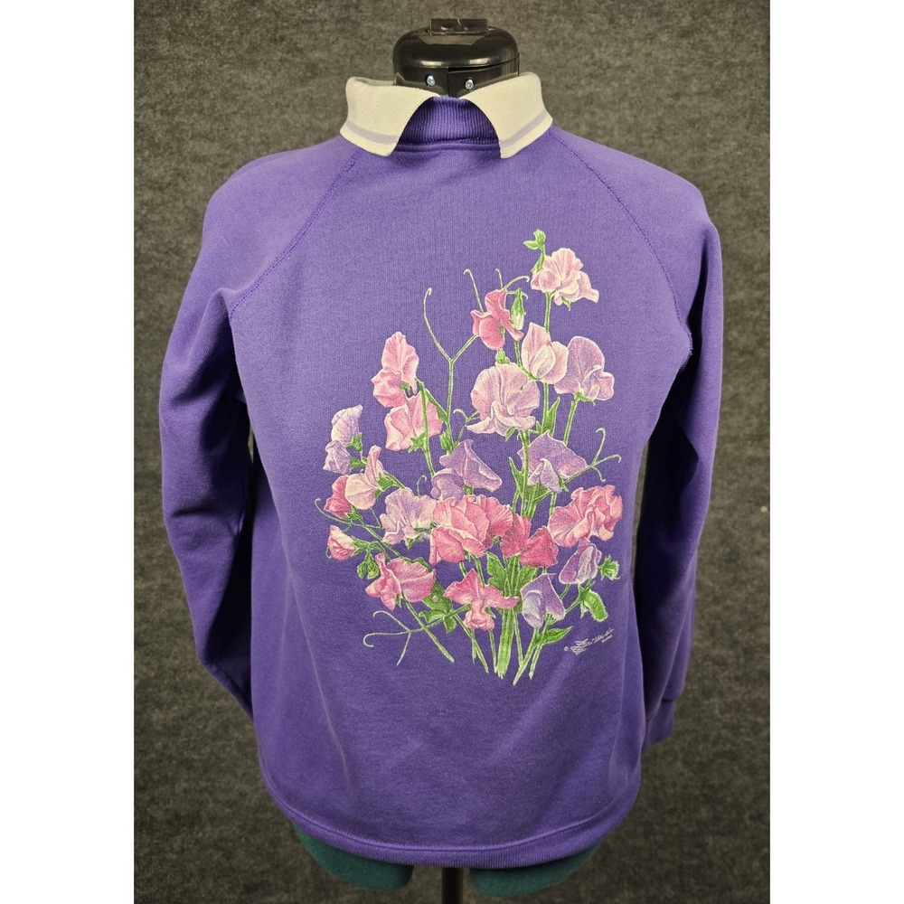 Hanes Purple Floral Women's Sweatshirt Large Cabincore Grandma Vintage USA 90's